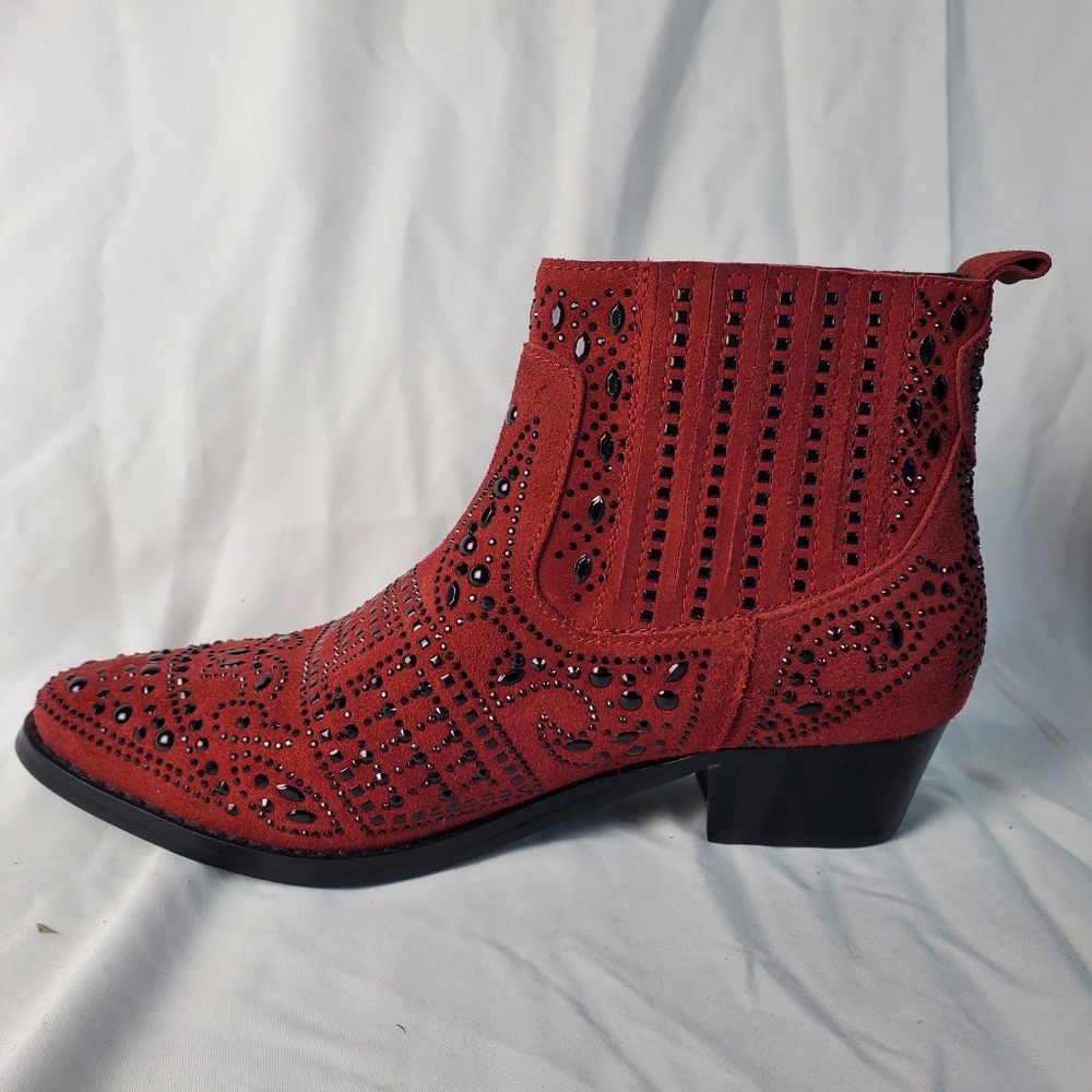 Bibi Lou Red Suede Rhinestone Western Ankle Boots in EU Size 38, US 7.5. - Picture 11 of 13